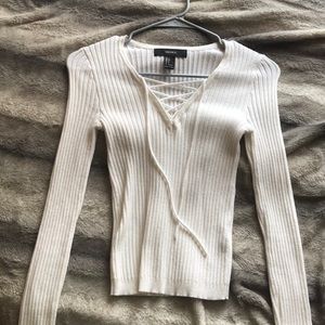 White lace up knit top